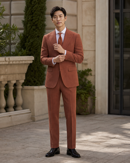 Terracotta Seersucker Outdoor Wedding Suit — Custom Made to Measure front view