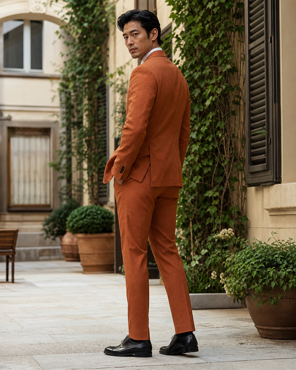 Terracotta Seersucker Outdoor Wedding Suit — Custom Made to Measure side back view