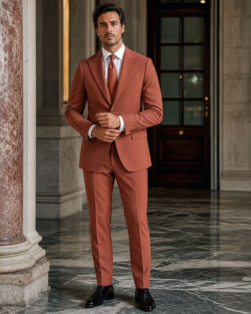 Terracotta Seersucker Summer Suit - Custom Made to Measure front view
