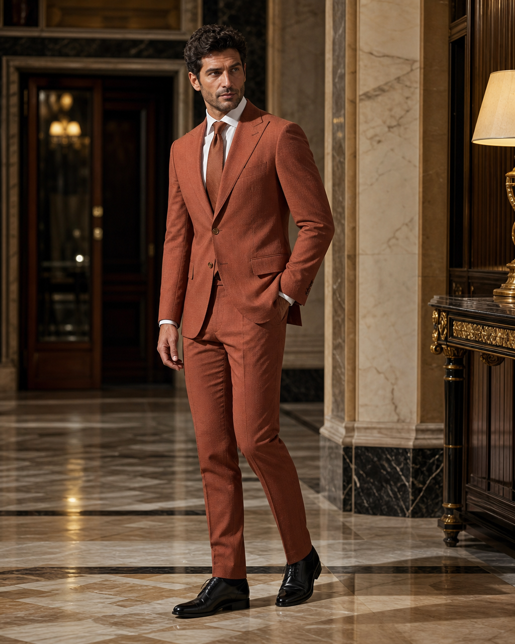 Terracotta Seersucker Summer Suit - Custom Made to Measure side back view