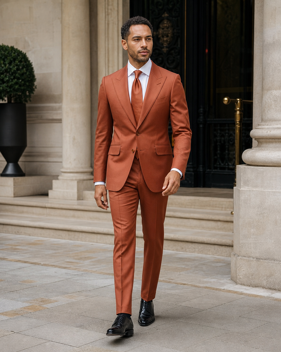 Terracotta Silk Blend Peak Lapel Suit — Custom Made to Measure