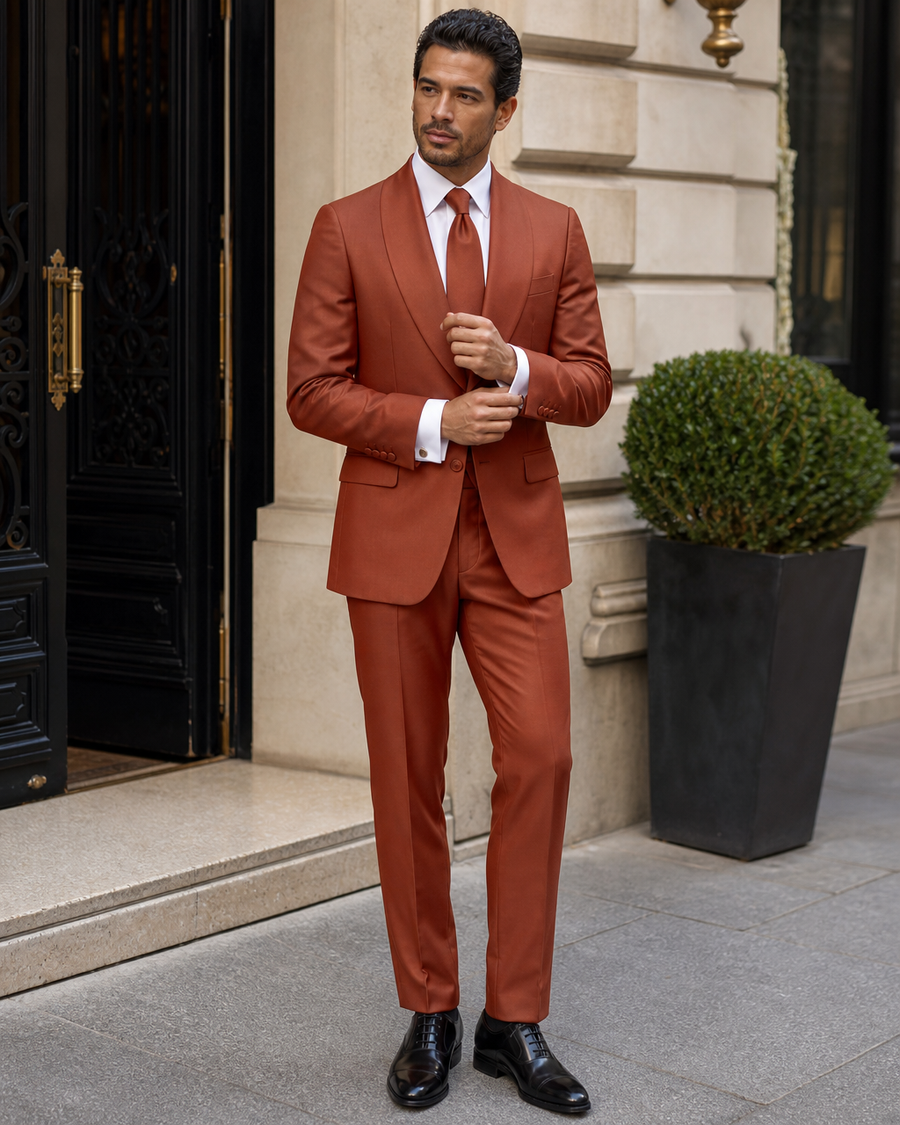 Terracotta Silk Blend Shawl Lapel Suit — Custom Made to Measure