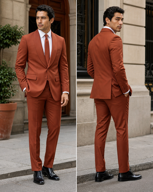 Terracotta Silk Blend Shawl Lapel Suit - Custom Made to Measure side back view