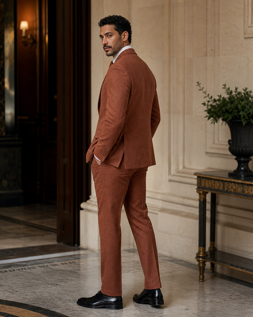 Terracotta Tweed Winter Suit - Custom Made to Measure side back view