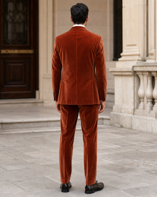 Terracotta Velvet Shawl Lapel Suit - Custom Made to Measure back view