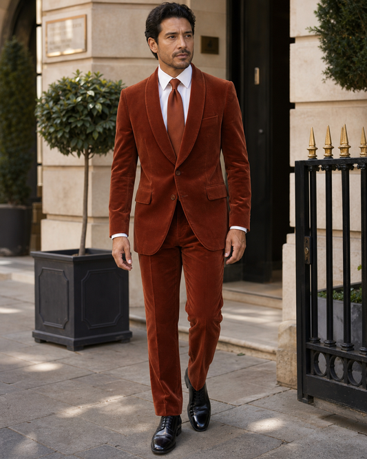 Terracotta Velvet Shawl Lapel Suit - Custom Made to Measure front view