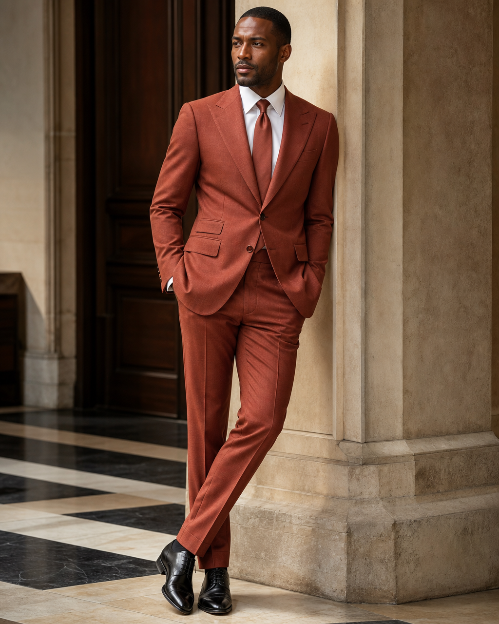 Terracotta Wool Outdoor Wedding Suit - Custom Made to Measure side back view
