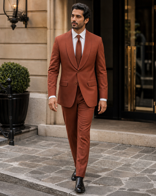 Terracotta Wool Shawl Lapel Suit - Custom Made to Measure front view