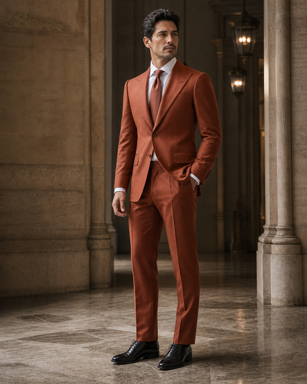 Terracotta Wool Winter Suit - Custom Made to Measure side back view