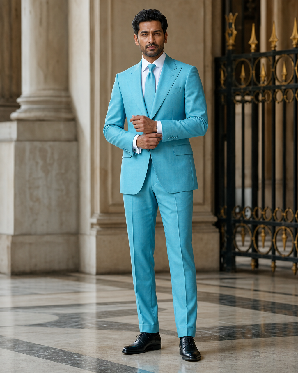 Turquoise Cotton Beach Wedding Suit - Custom Made to Measure front view
