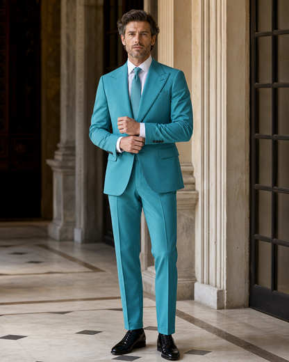 Turquoise Cotton Outdoor Wedding Suit - Custom Made to Measure front view