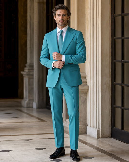 Turquoise Cotton Outdoor Wedding Suit - Custom Made to Measure front view
