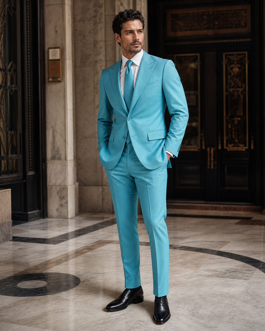 Turquoise Cotton Summer Suit - Custom Made to Measure side back view