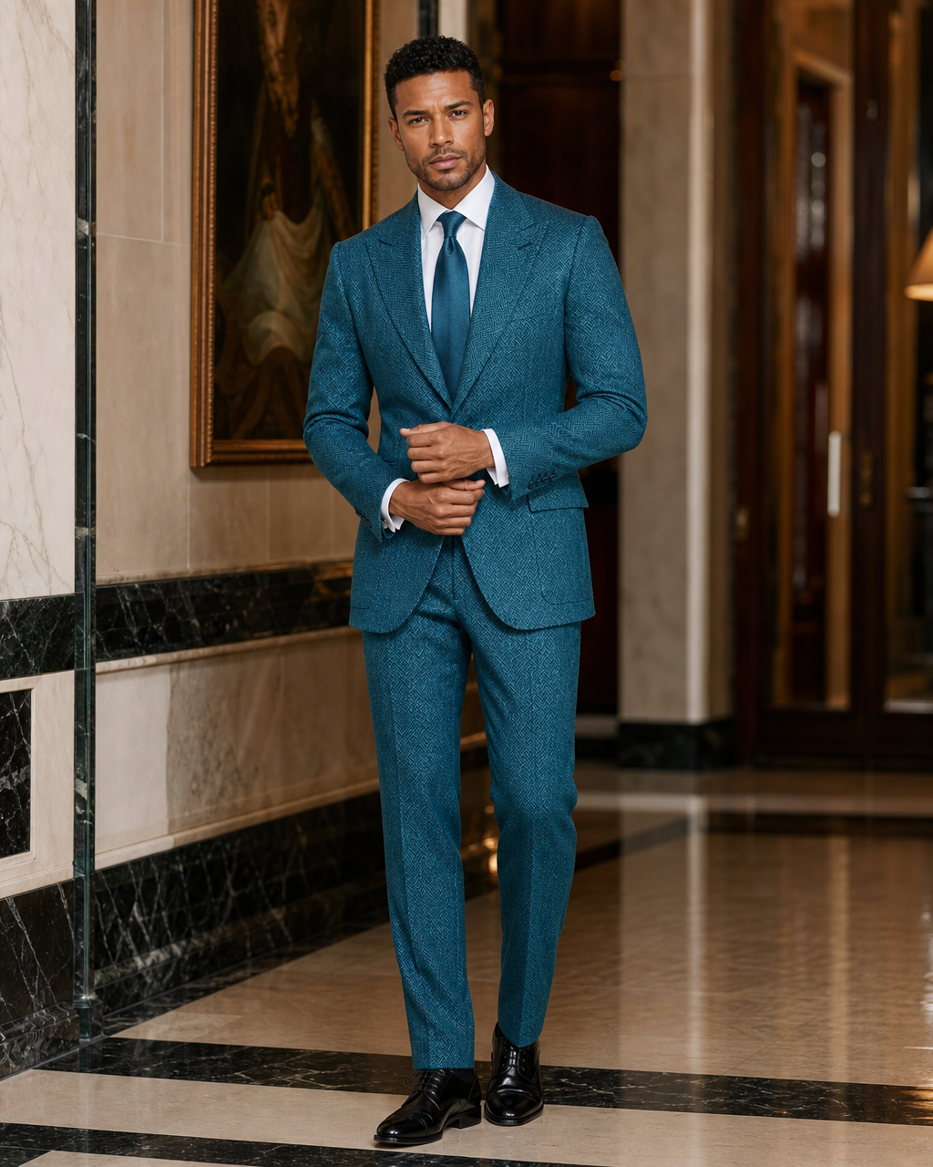 Turquoise Herringbone Winter Suit - Custom Made to Measure front view