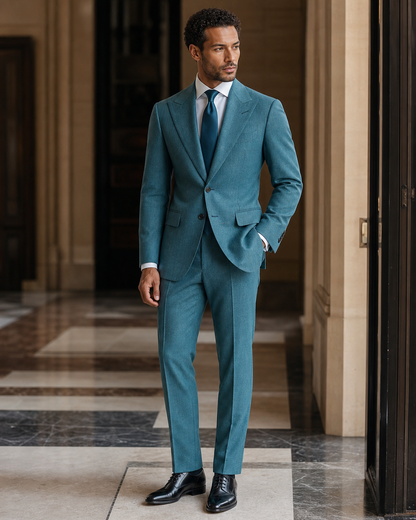 Turquoise Herringbone Winter Suit - Custom Made to Measure side back view