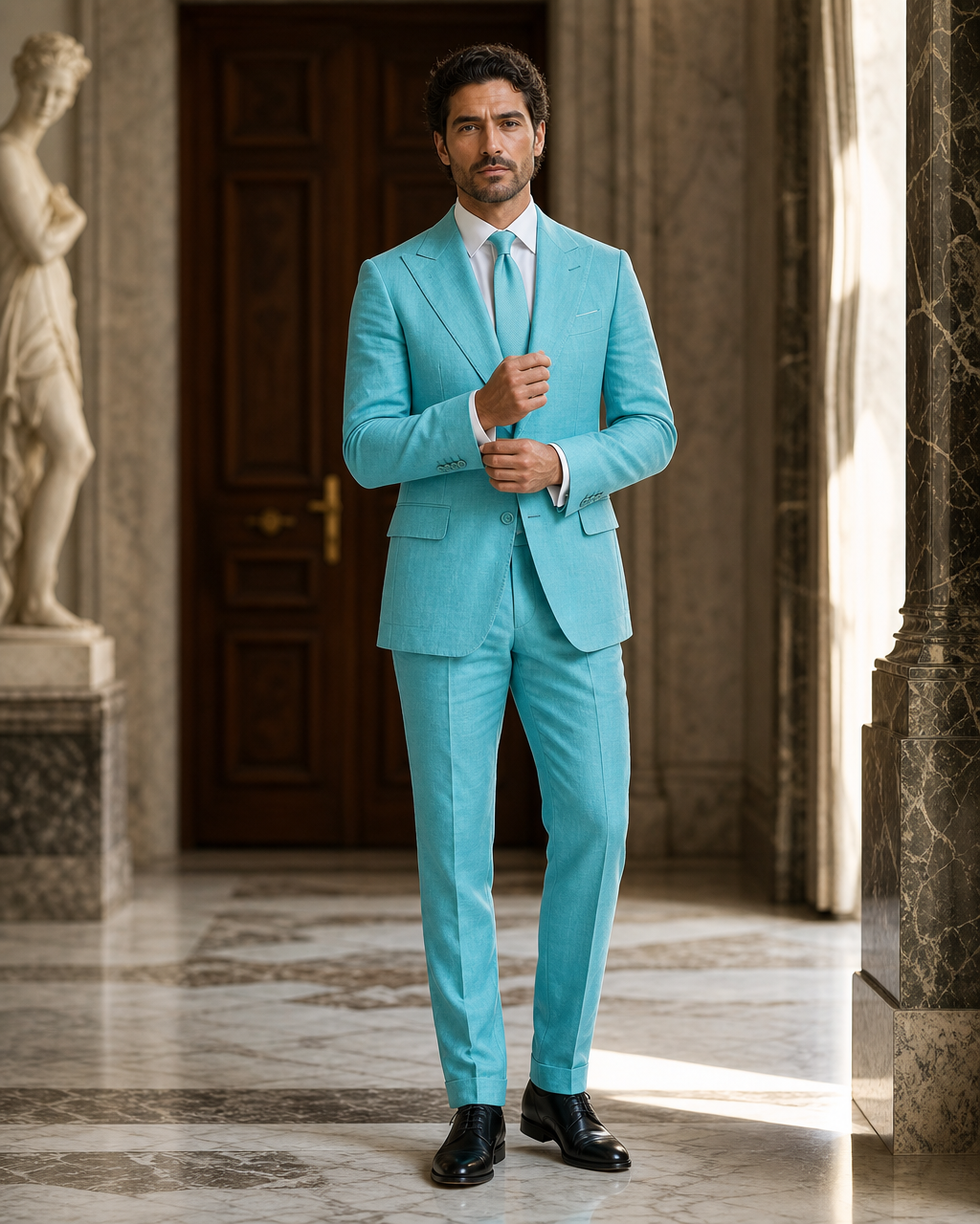 Turquoise Linen Beach Wedding Suit - Custom Made to Measure front view