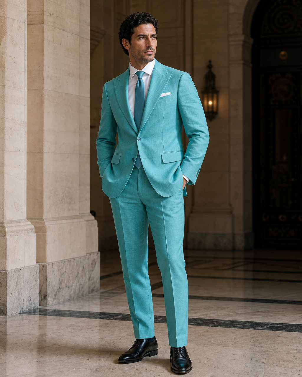 Turquoise Linen Beach Wedding Suit - Custom Made to Measure side back view
