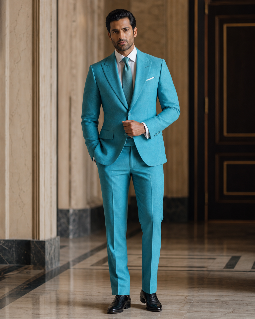 Turquoise Linen Outdoor Wedding Suit - Custom Made to Measure front view