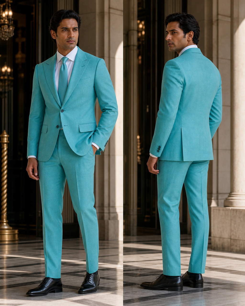 Turquoise Linen Outdoor Wedding Suit - Custom Made to Measure side back view