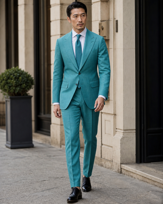 Turquoise Linen Peak Lapel Suit - Custom Made to Measure front view