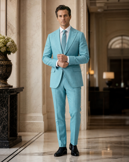 Turquoise Linen Summer Suit - Custom Made to Measure front view