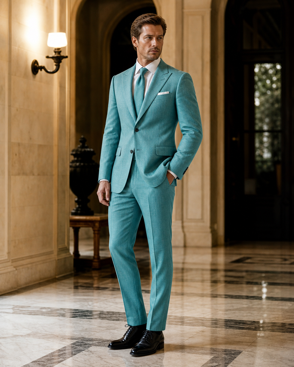 Turquoise Linen Summer Suit - Custom Made to Measure side back view
