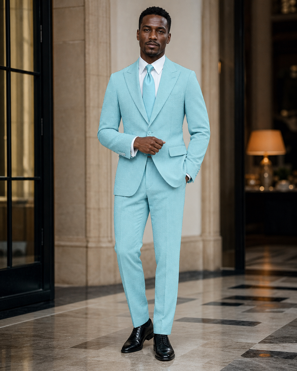 Turquoise Seersucker Beach Wedding Suit - Custom Made to Measure front view