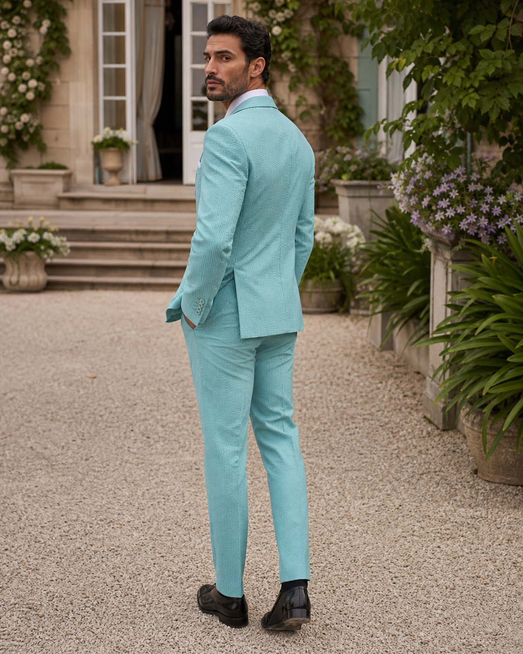 Turquoise Seersucker Outdoor Wedding Suit — Custom Made to Measure side back view