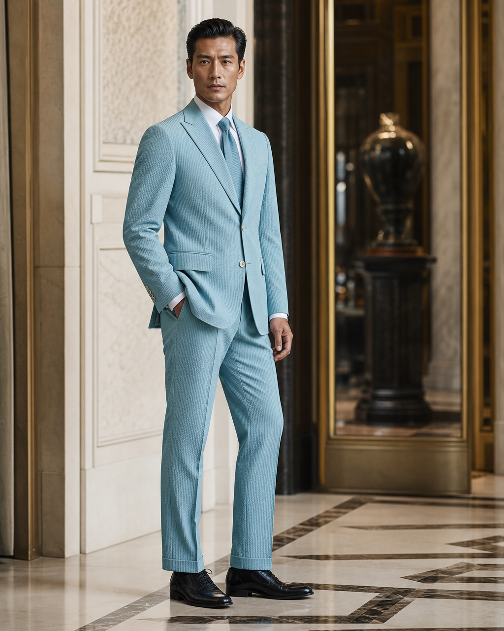 Turquoise Seersucker Summer Suit - Custom Made to Measure side back view