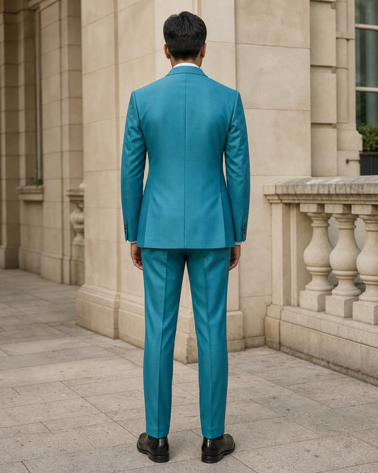 Turquoise Silk Blend Peak Lapel Suit - Custom Made to Measure back view
