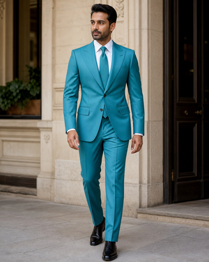 Turquoise Silk Blend Peak Lapel Suit — Custom Made to Measure — 1
