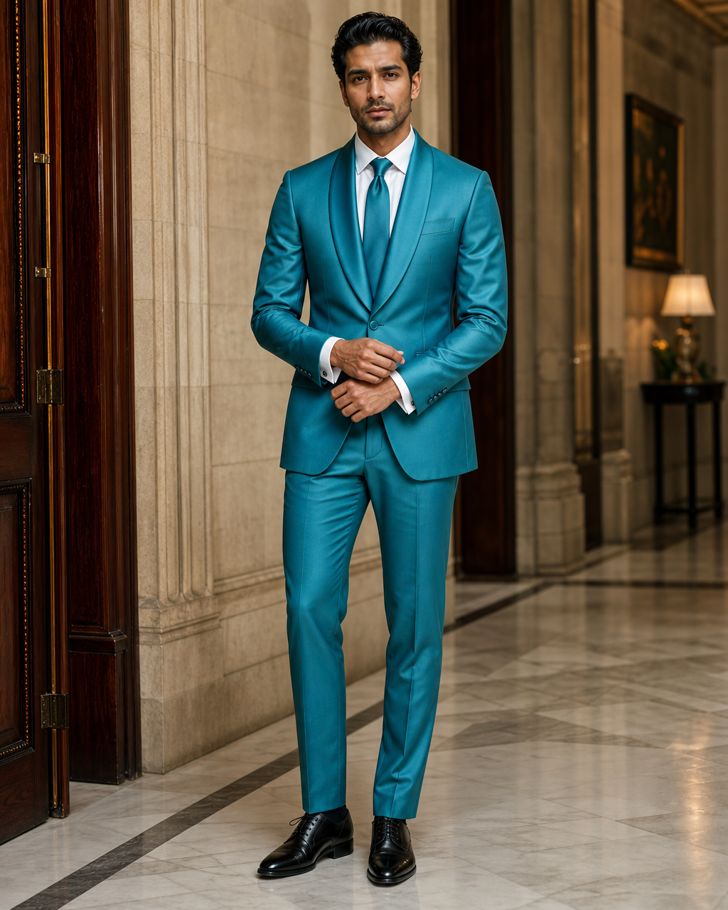 Turquoise Silk Blend Shawl Lapel Suit - Custom Made to Measure front view