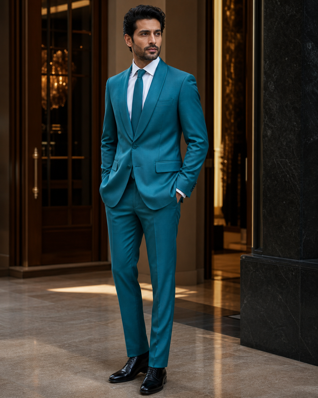 Turquoise Silk Blend Shawl Lapel Suit - Custom Made to Measure side back view