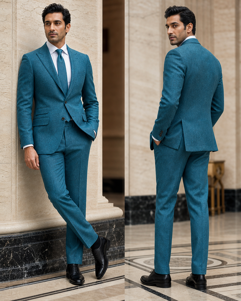 Turquoise Tweed Winter Suit - Custom Made to Measure side back view
