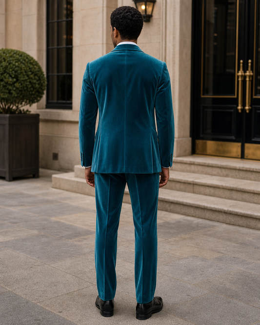 Turquoise Velvet Shawl Lapel Suit - Custom Made to Measure back view