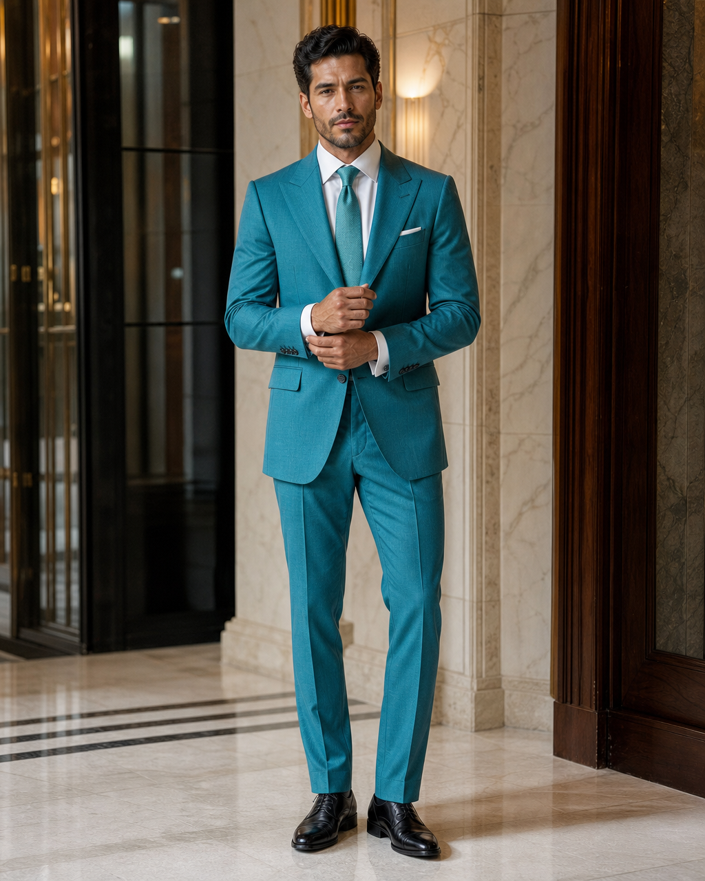 Turquoise Wool Outdoor Wedding Suit - Custom Made to Measure front view
