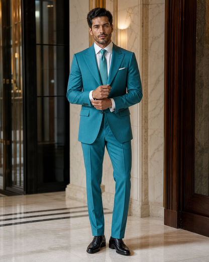 Turquoise Wool Outdoor Wedding Suit - Custom Made to Measure front view