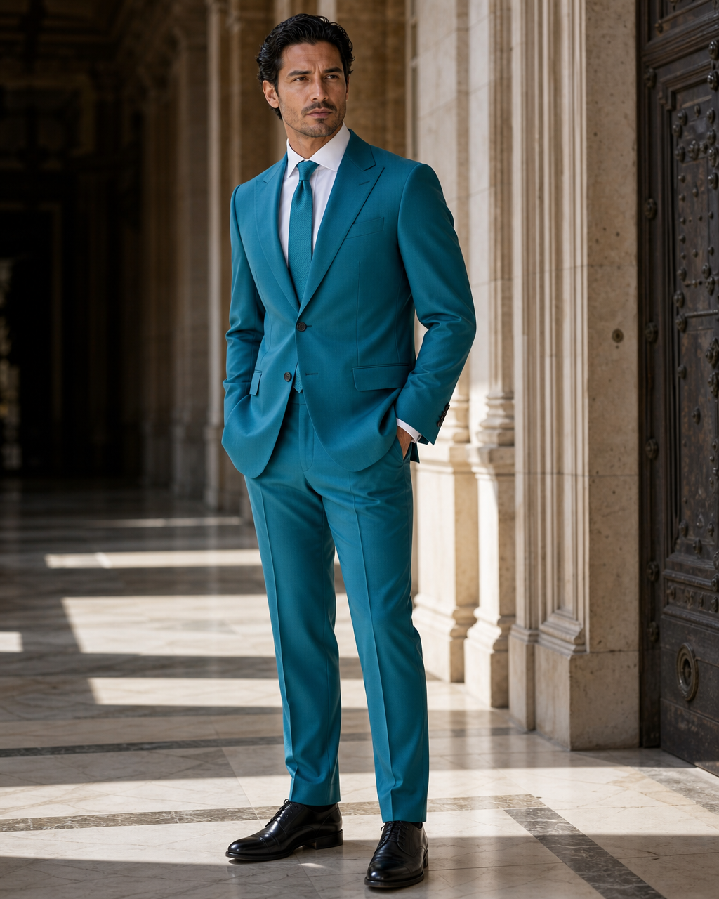 Turquoise Wool Outdoor Wedding Suit - Custom Made to Measure side back view