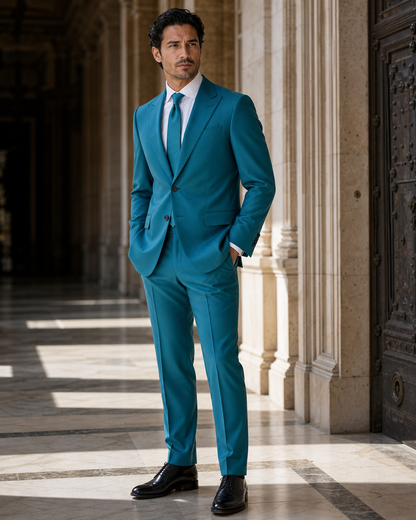 Turquoise Wool Outdoor Wedding Suit - Custom Made to Measure side back view