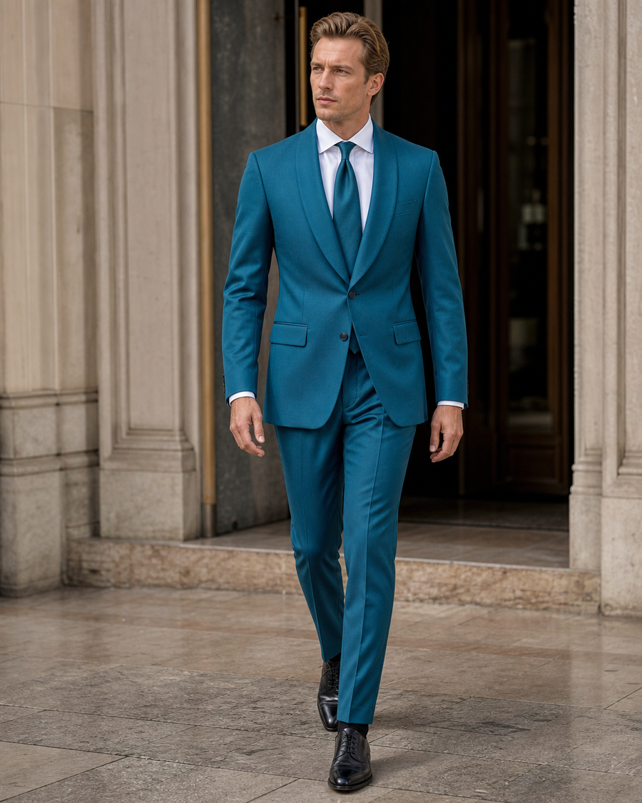 Turquoise Wool Shawl Lapel Suit — Custom Made to Measure