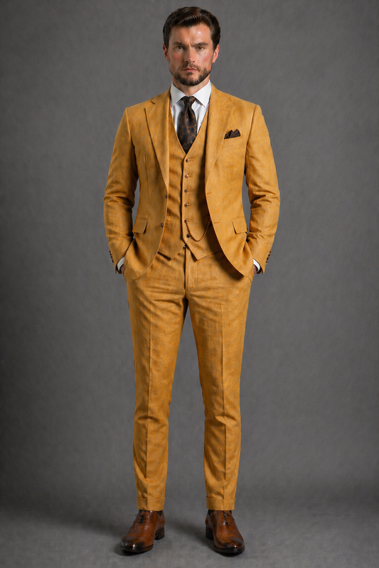 Warm Mustard Linen Slim Fit Suit — Custom Made to Measure