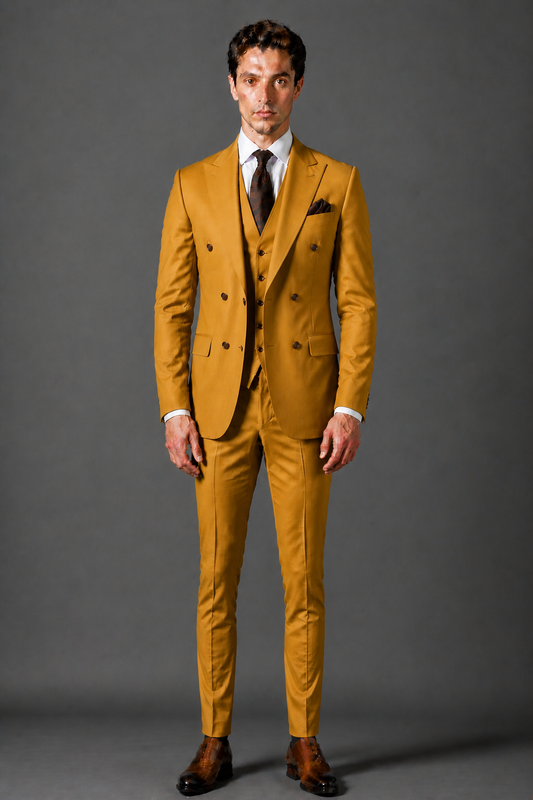 Warm Mustard Silk Blend Double Breasted Suit — Custom Made to Measure