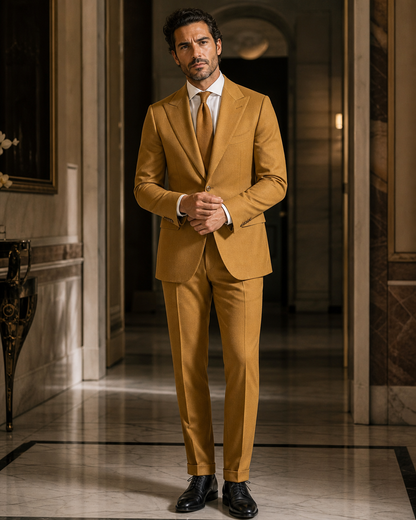 Warm Mustard Cashmere Blend Winter Suit - Custom Made to Measure front view