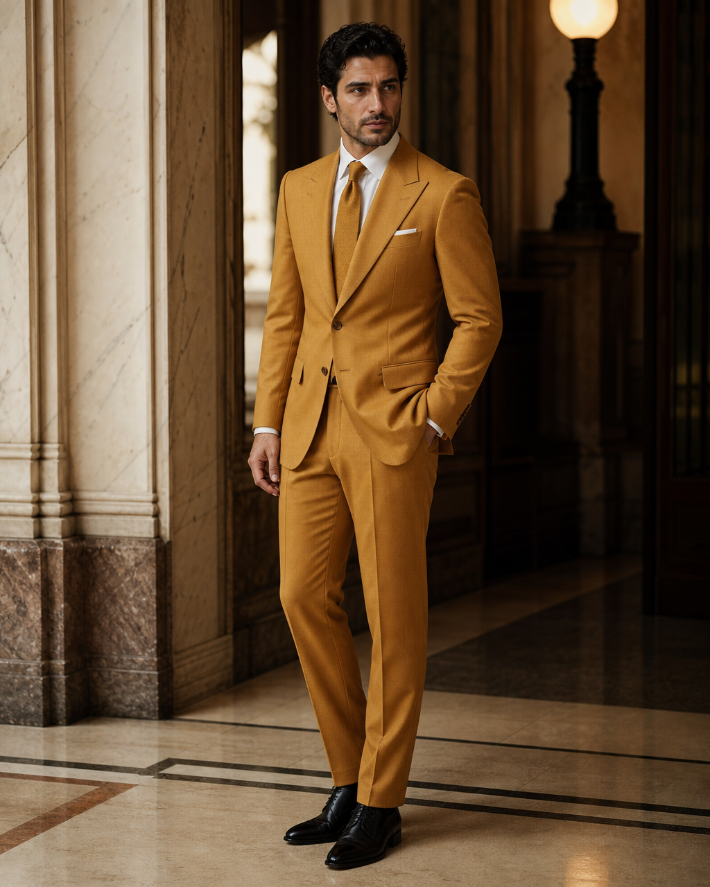 Warm Mustard Cashmere Blend Winter Suit - Custom Made to Measure side back view