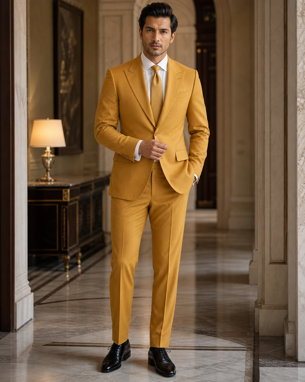 Warm Mustard Cotton Beach Wedding Suit - Custom Made to Measure front view