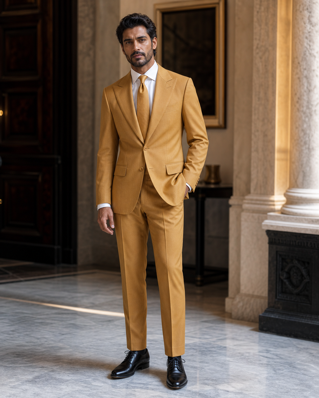 Warm Mustard Cotton Beach Wedding Suit - Custom Made to Measure side back view
