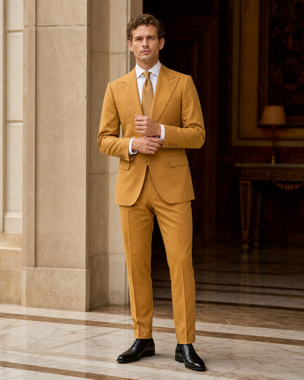Warm Mustard Cotton Outdoor Wedding Suit - Custom Made to Measure front view