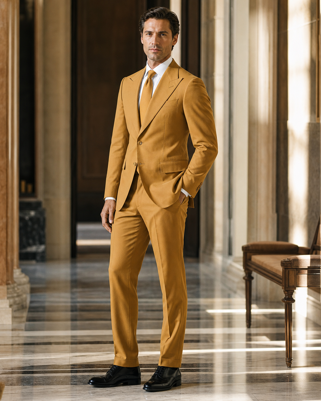 Warm Mustard Cotton Outdoor Wedding Suit - Custom Made to Measure side back view