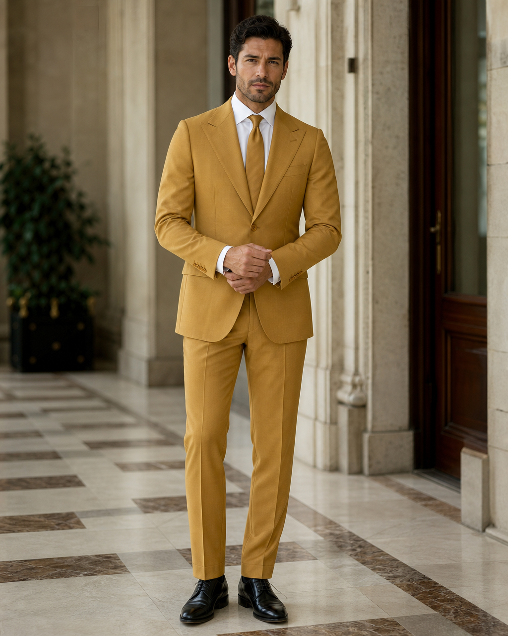 Warm Mustard Cotton Summer Suit - Custom Made to Measure front view