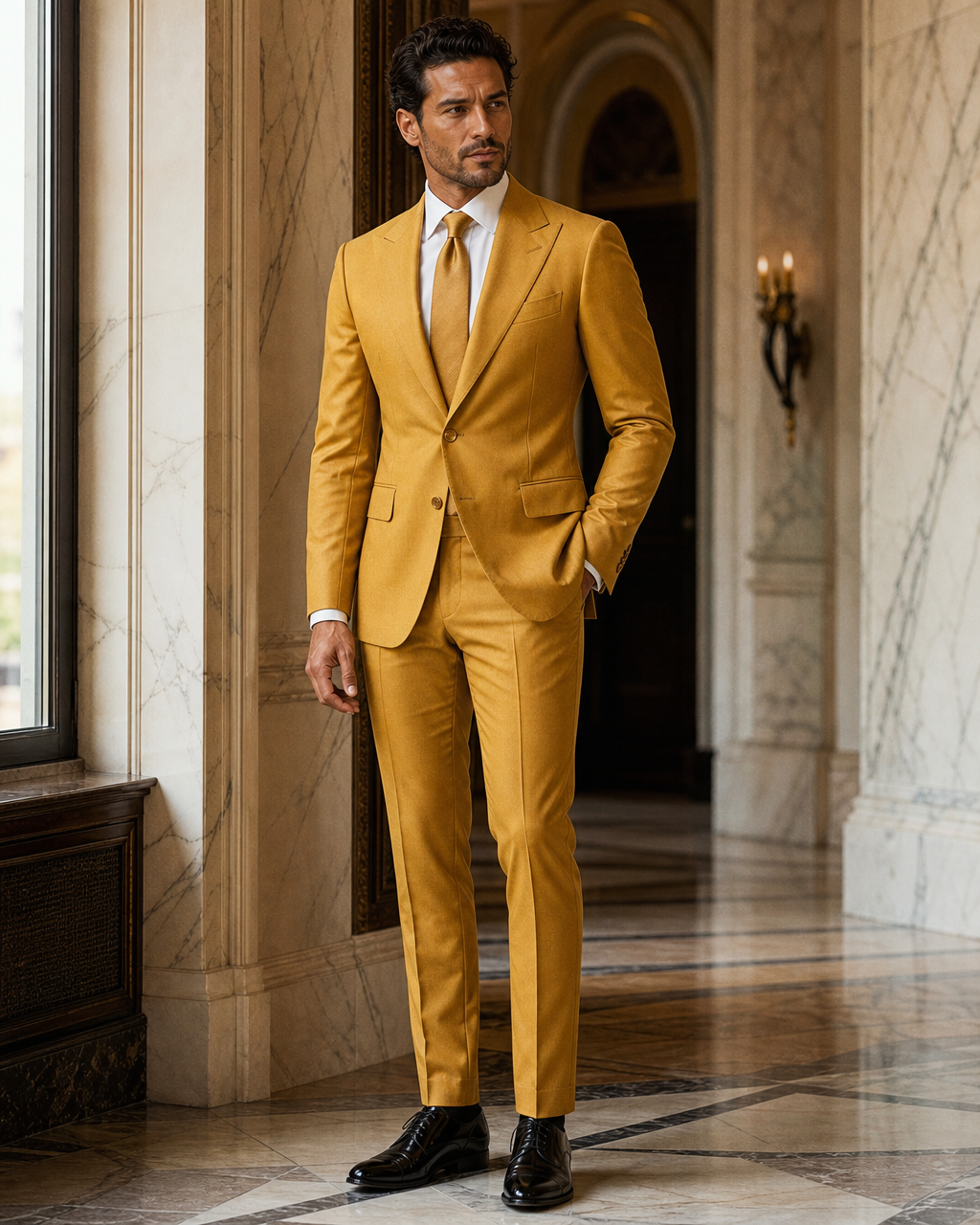 Warm Mustard Cotton Summer Suit - Custom Made to Measure side back view